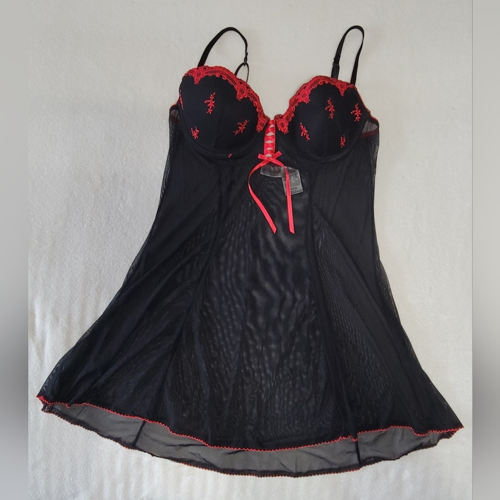 Delicates Black and Red Lace Chemise